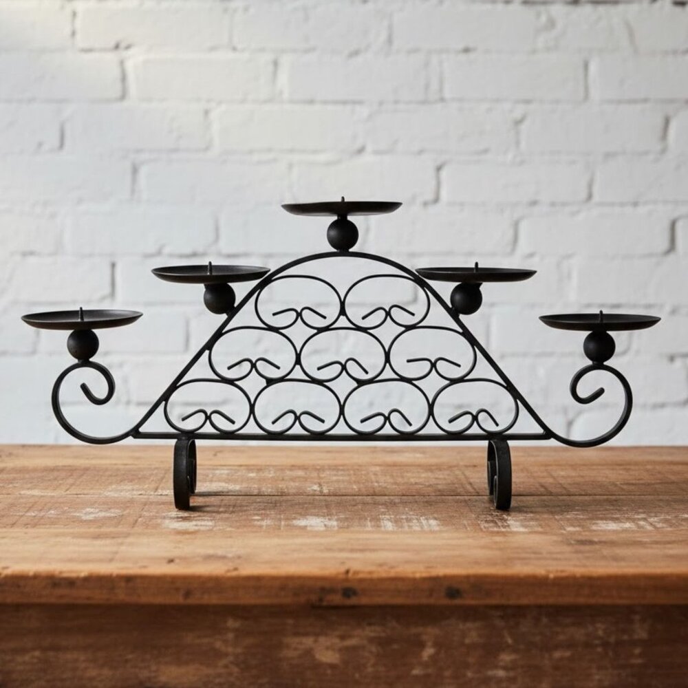 Black Wrought Iron Candelabra 5-Light Taper Candle Holder Rustic Scrollwork Vtg